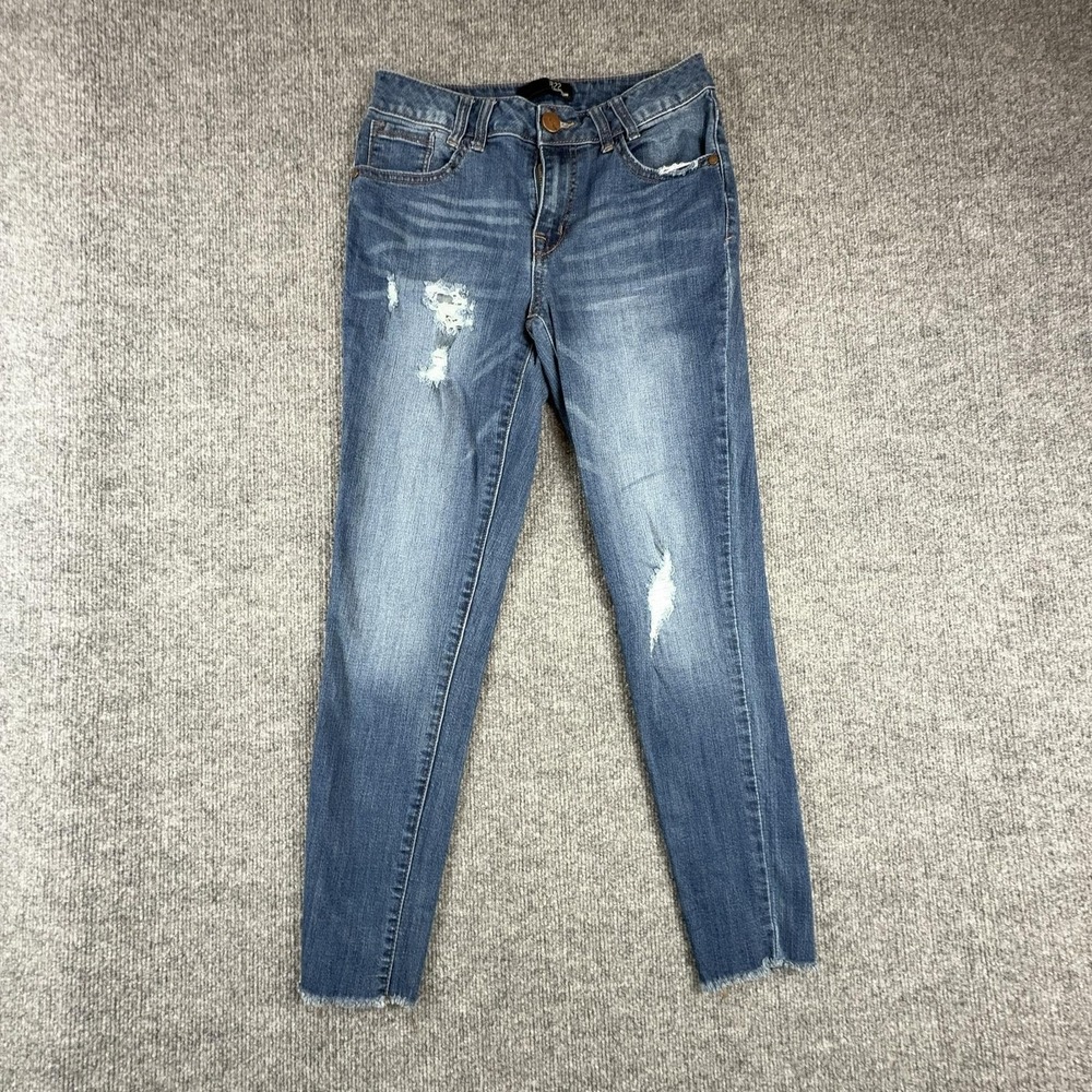 1822 Denim Jeans Womens 6 Medium Wash Blue Mid Rise Skinny Distressed Raw Hem